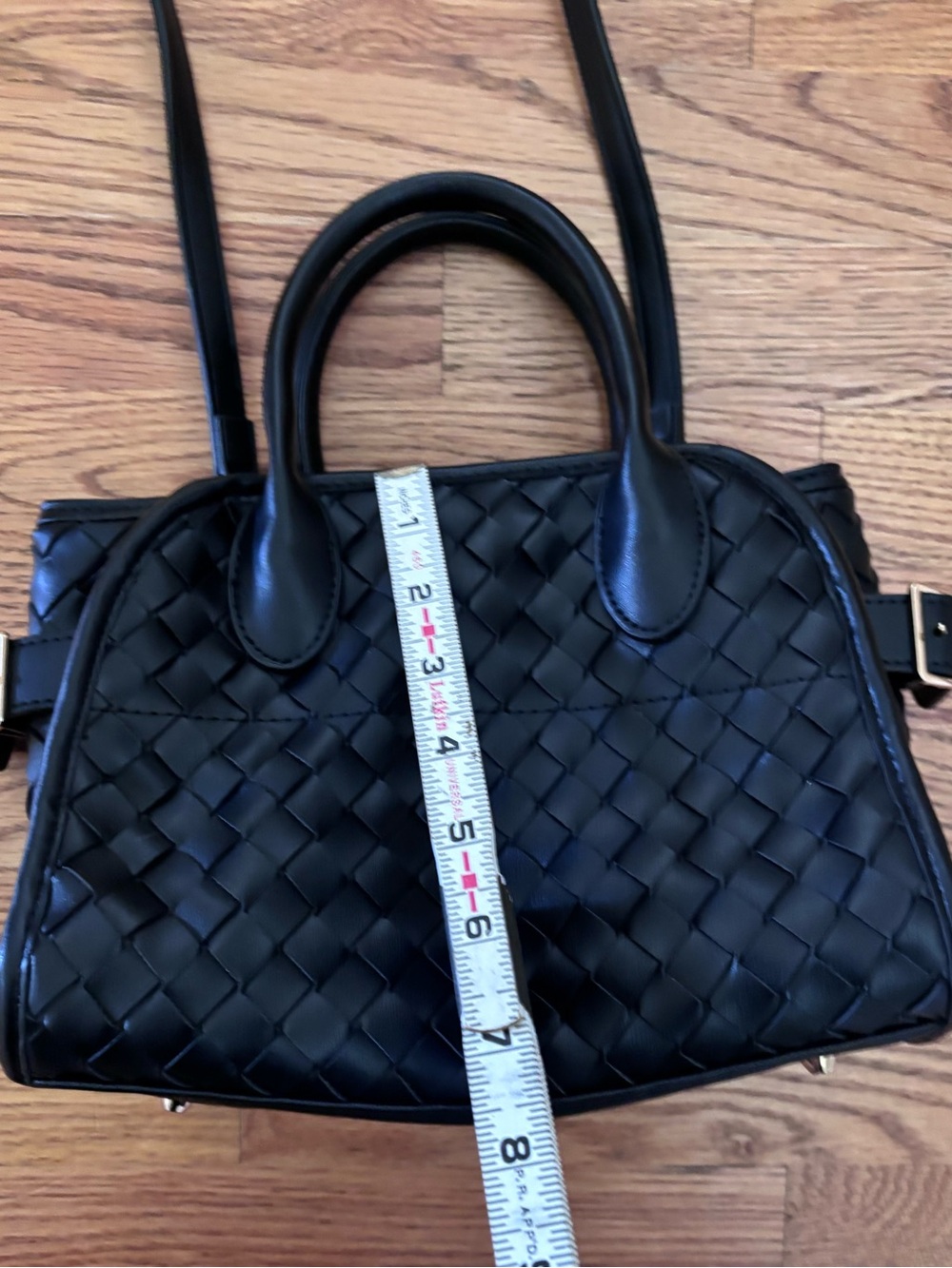 Woven Faux Leather Satchel Top Handle Crossbody Bag Black Minimalist Like New - Picture 9 of 11